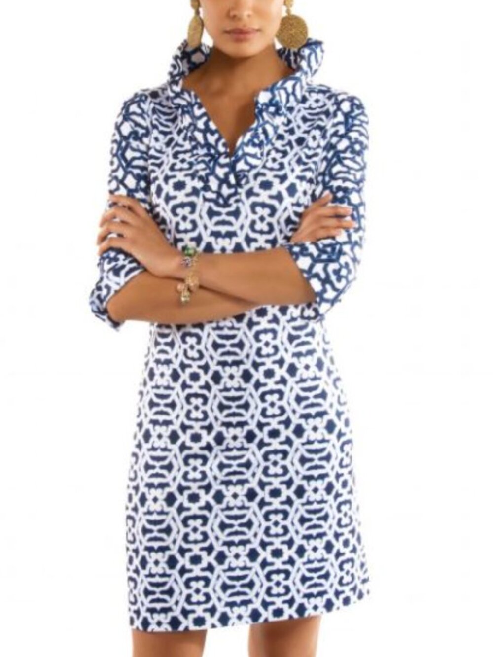 Gretchen Scott Blues Jersey Ruffneck Geometric Print 3/4 Sleeve Stretch Dress, S